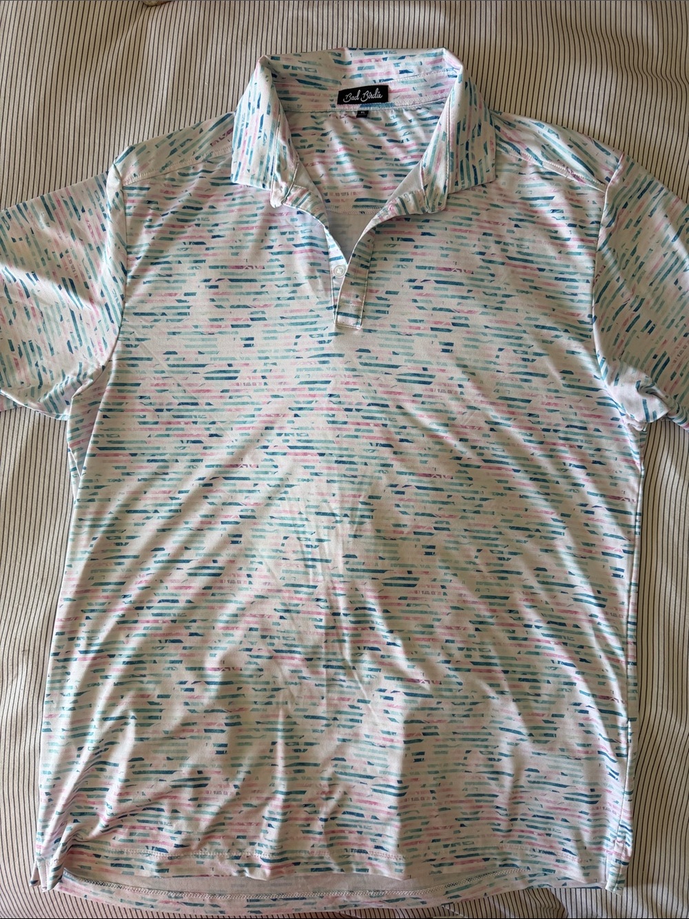 Bad Birdie Men's White Polo with Blue and Pink Dash Print